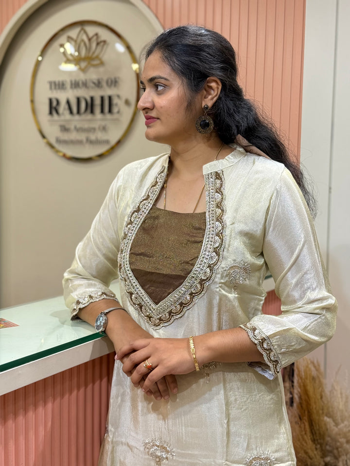 Designer Tissue Shimmer 2 Pc Collection – Contrast Yoke &amp; Cut Dana Work (Cotton Lining )| R167
