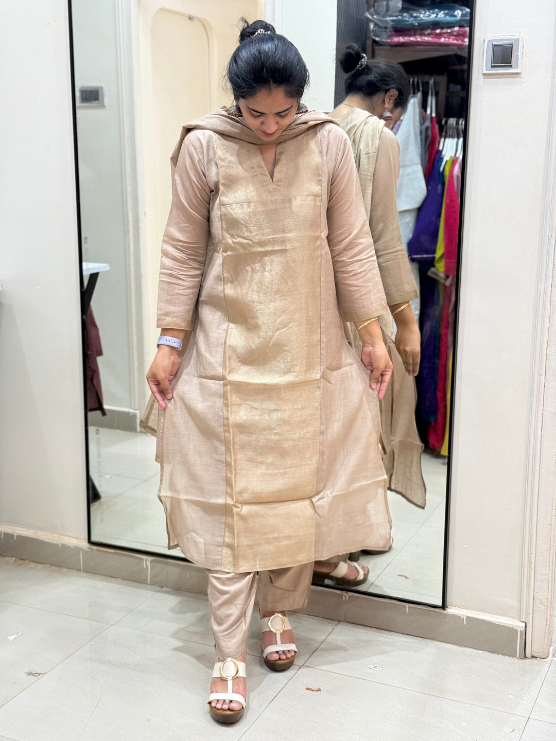 Premium Banarasi Kurti Set with Golden Zari Tissue Panel – R103 |