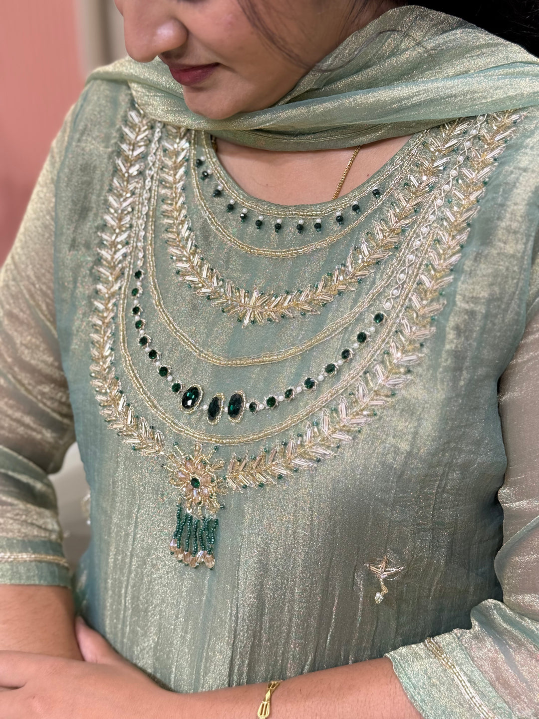 Shimmer Crush Tissue Fabric (salsa) with Jewellery-Style Neck Handwork 𝗦𝘂𝗶𝘁 𝗔𝗿𝗿𝗶𝘃𝗲𝗱 | R148