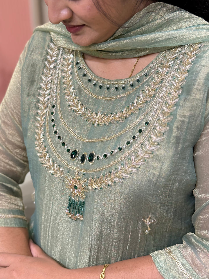 Shimmer Crush Tissue Fabric (salsa) with Jewellery-Style Neck Handwork 𝗦𝘂𝗶𝘁 𝗔𝗿𝗿𝗶𝘃𝗲𝗱 | R148
