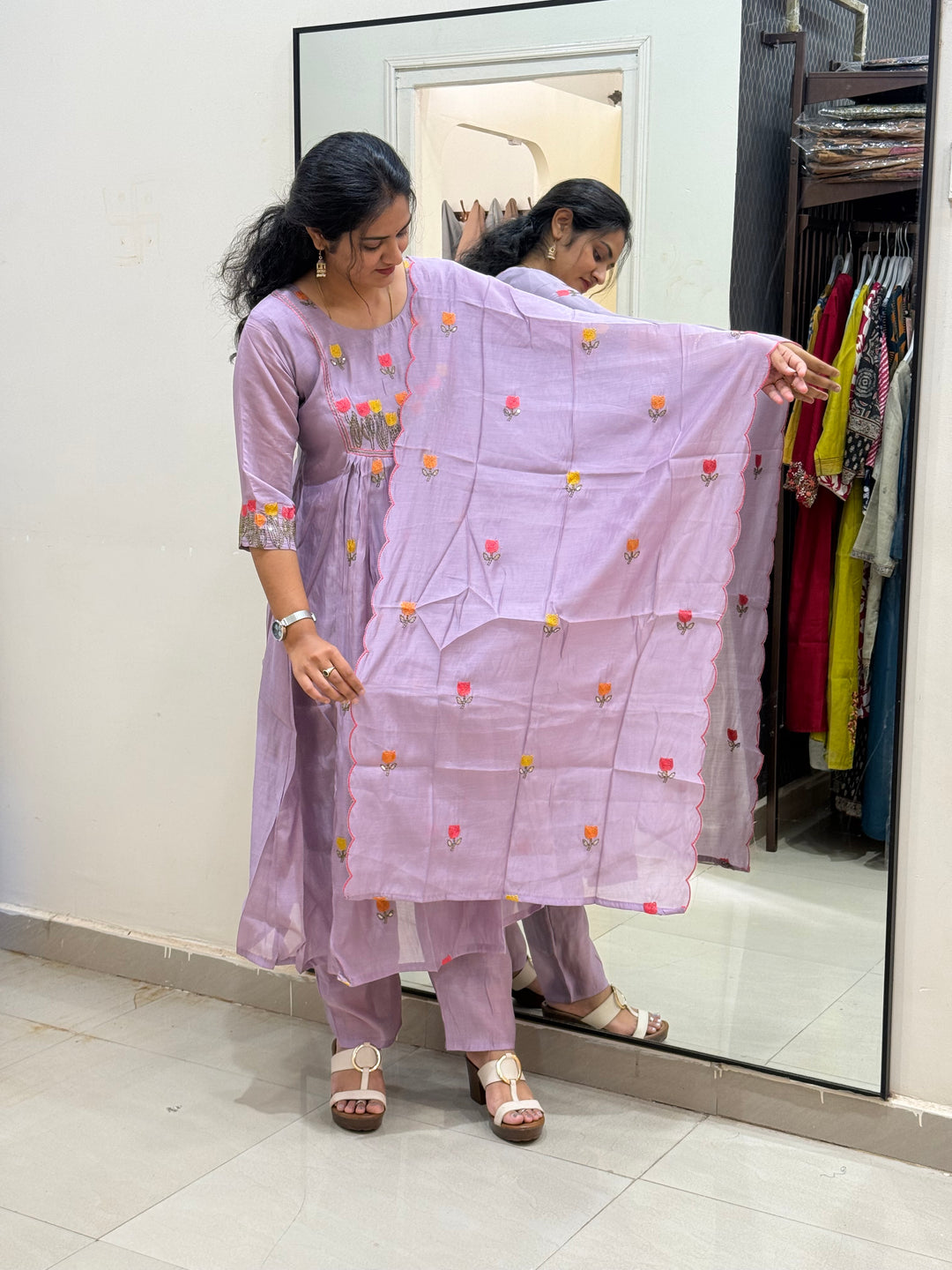 Mul Chanderi Embroidery Collection – Elegant Flare Pattern | R179