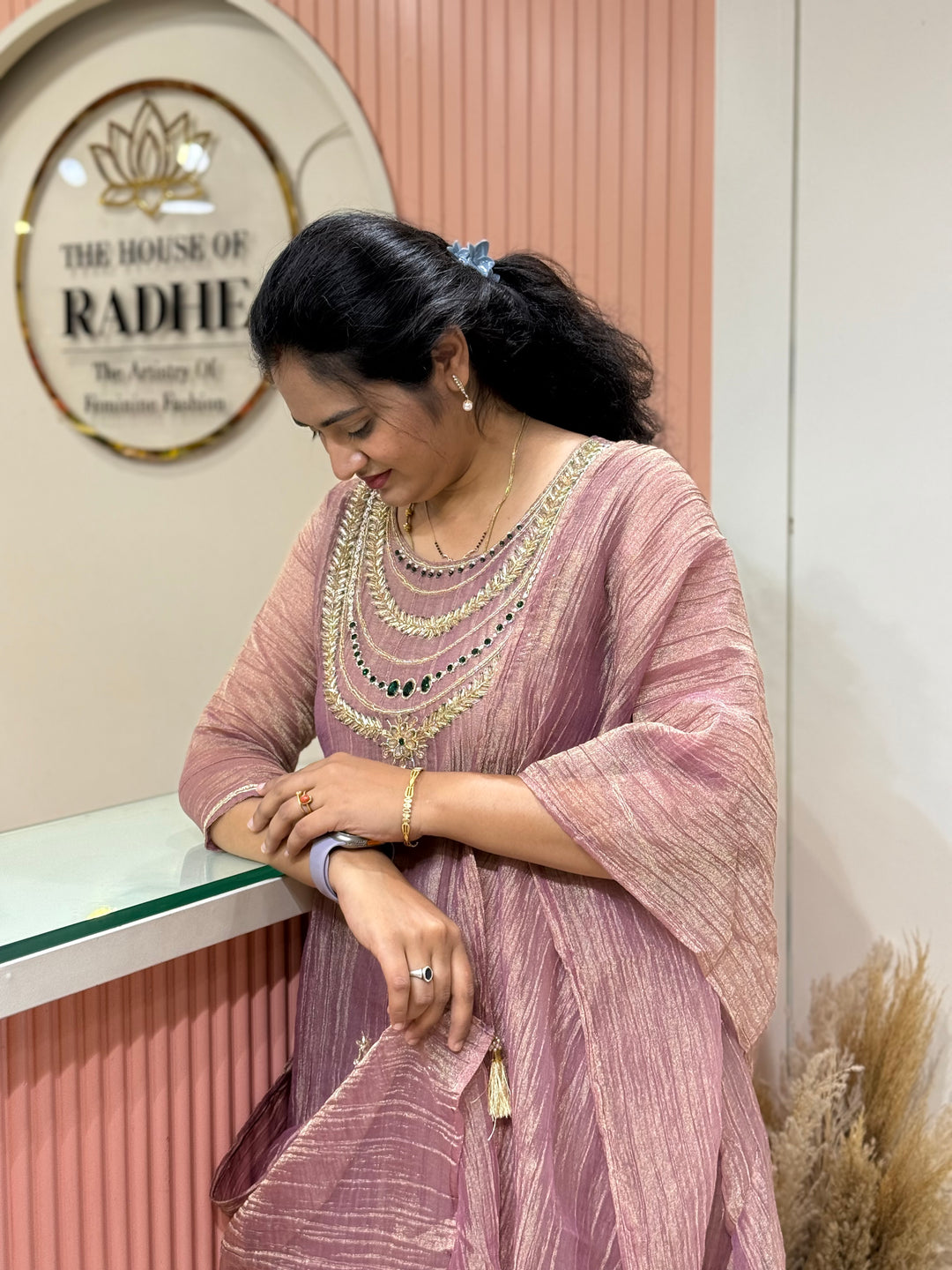 Shimmer Crush Tissue Fabric (salsa) with Jewellery-Style Neck Handwork 𝗦𝘂𝗶𝘁 𝗔𝗿𝗿𝗶𝘃𝗲𝗱 | R148