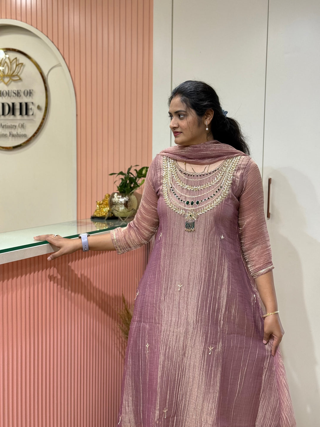 Shimmer Crush Tissue Fabric (salsa) with Jewellery-Style Neck Handwork 𝗦𝘂𝗶𝘁 𝗔𝗿𝗿𝗶𝘃𝗲𝗱 | R148