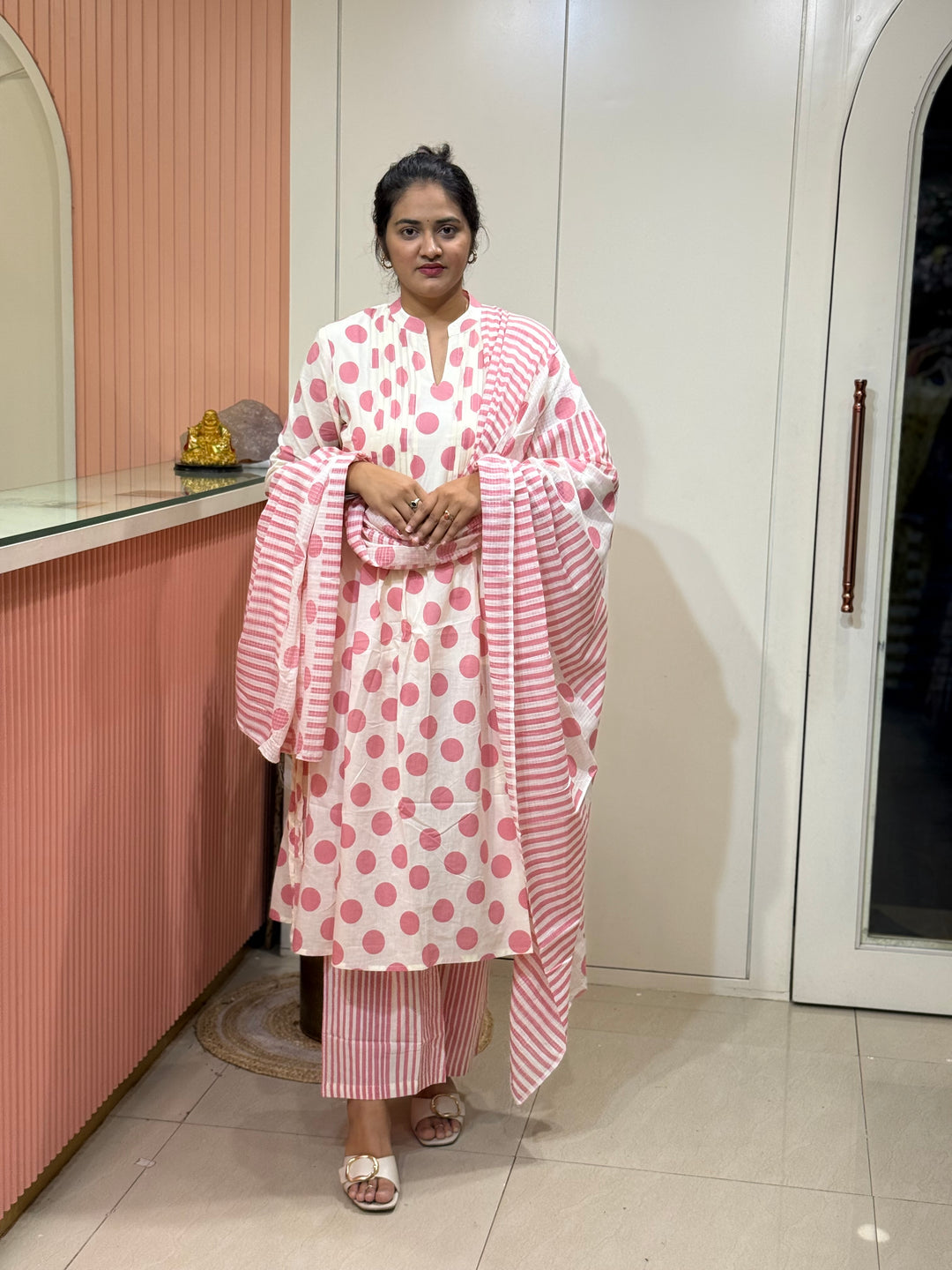 Pure Cotton 3 Pc Kurta Set with Kota Cotton Dupatta – Polka Design | R111