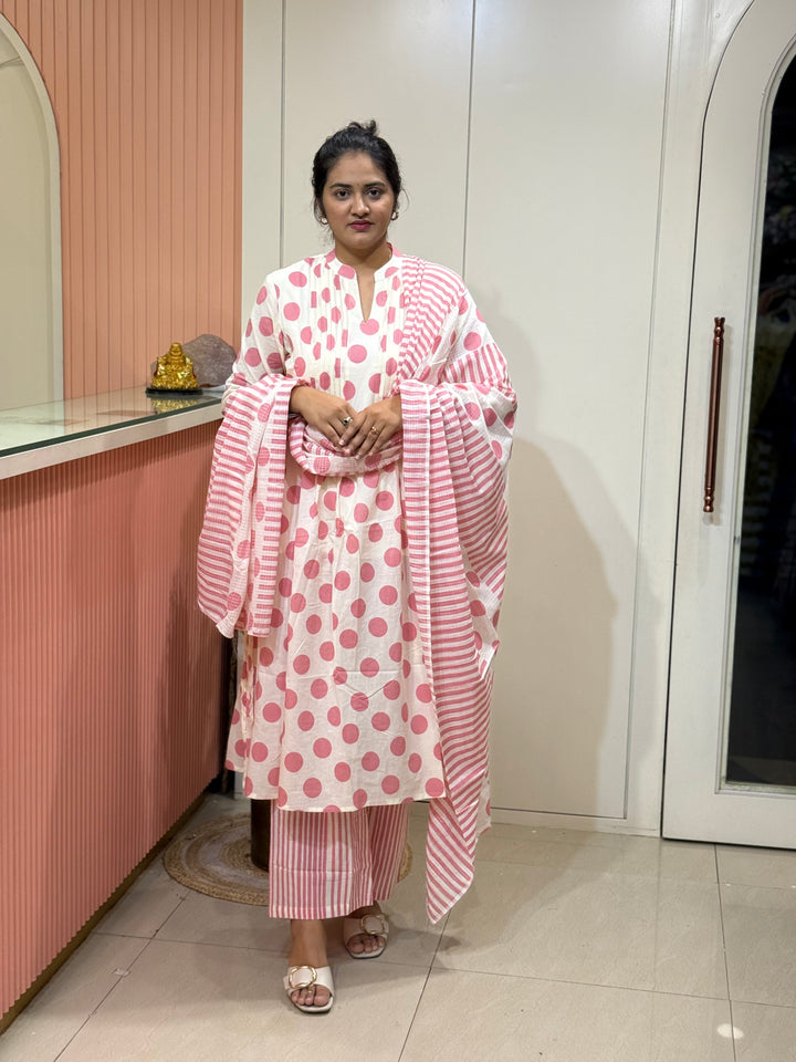 Pure Cotton 3 Pc Kurta Set with Kota Cotton Dupatta – Polka Design | R111