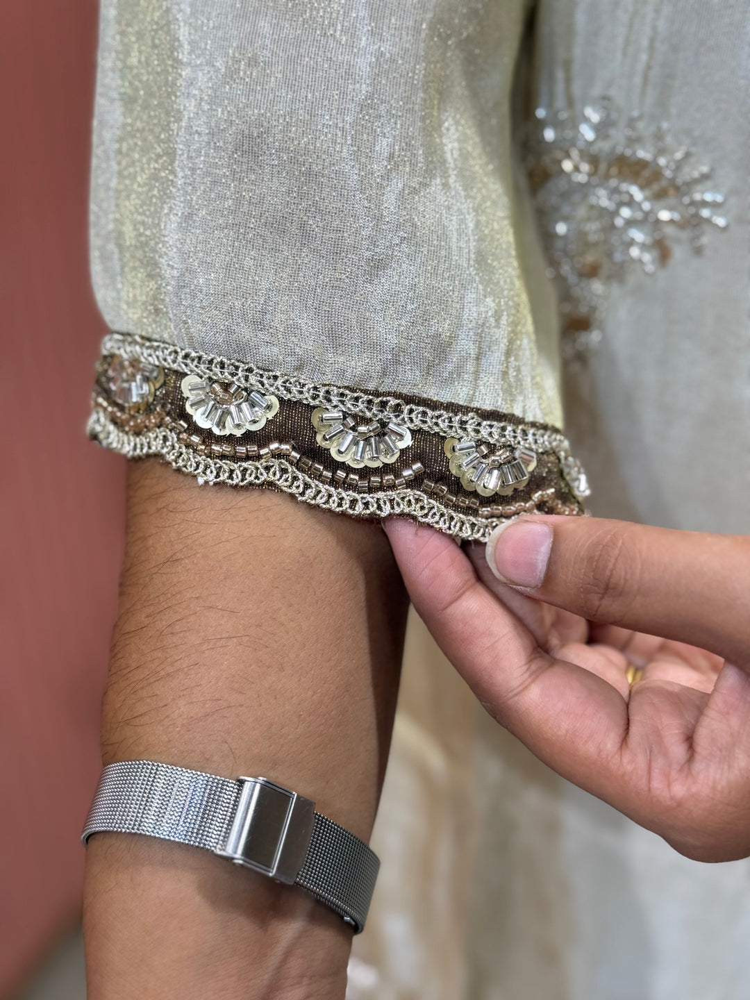 Designer Tissue Shimmer 2 Pc Collection – Contrast Yoke &amp; Cut Dana Work (Cotton Lining )| R167
