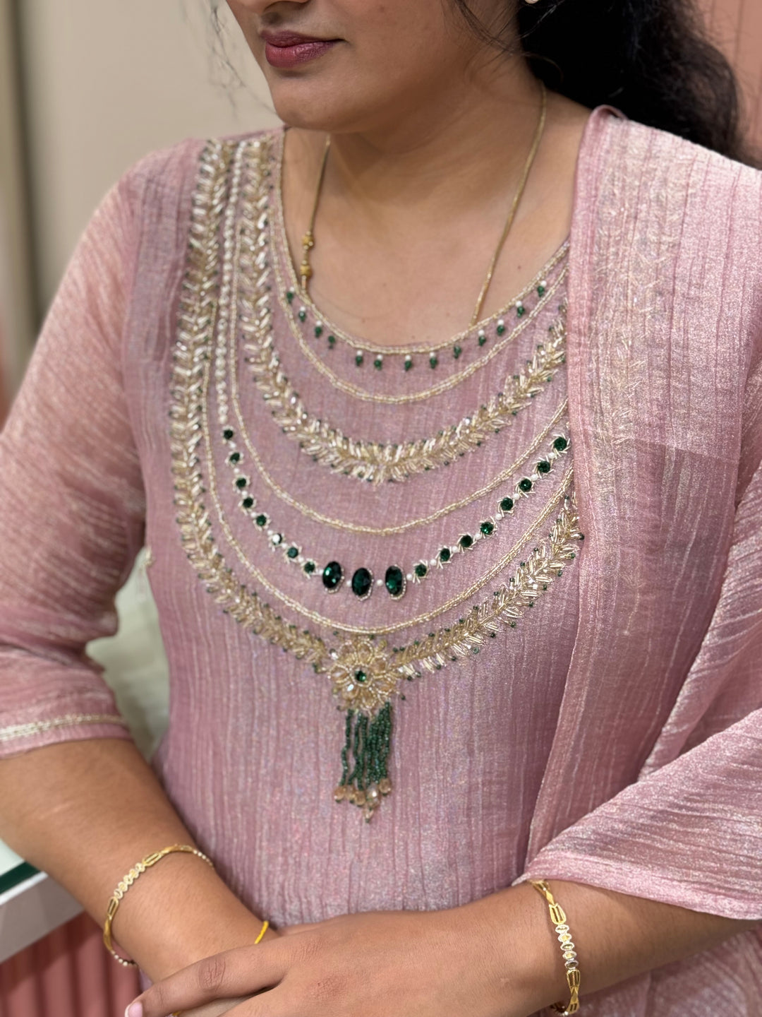 Shimmer Crush Tissue Fabric (salsa) with Jewellery-Style Neck Handwork 𝗦𝘂𝗶𝘁 𝗔𝗿𝗿𝗶𝘃𝗲𝗱 | R148