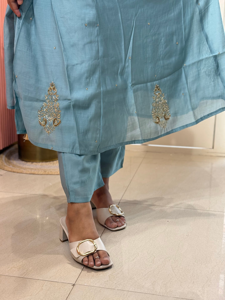 Mul Chanderi Silk 3 Pc Kurta Set | Party Wear| R138