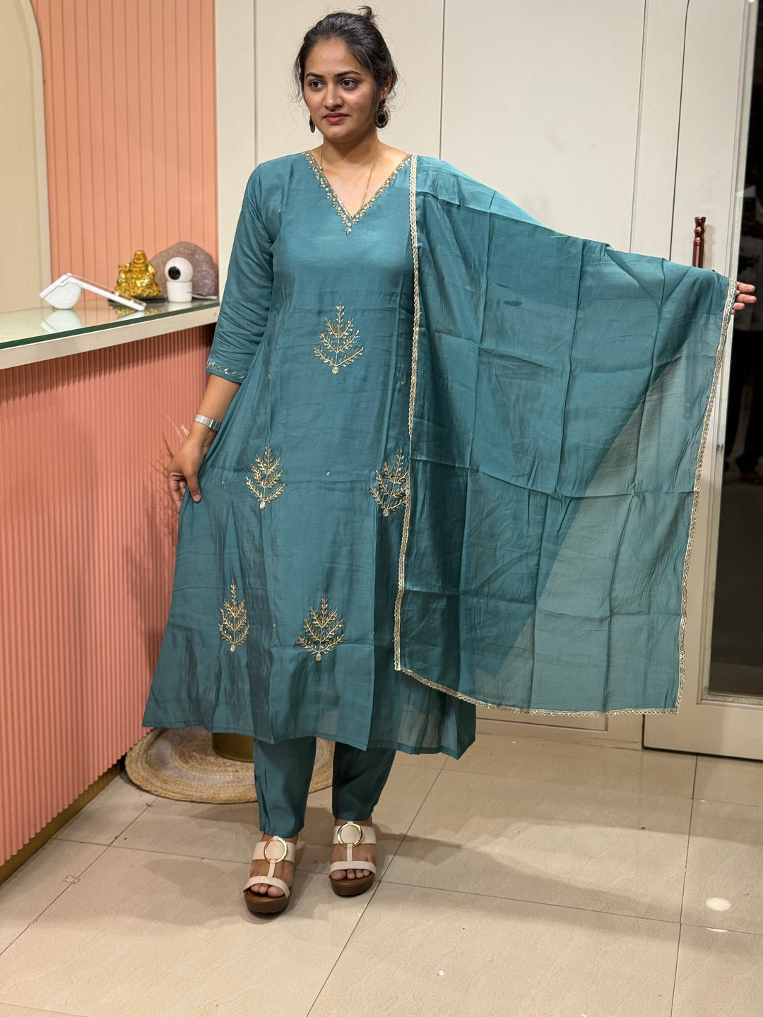 S Mul Chanderi 3 Pc Kurta Set | Semi Party Wear (New Arrivals)| R138