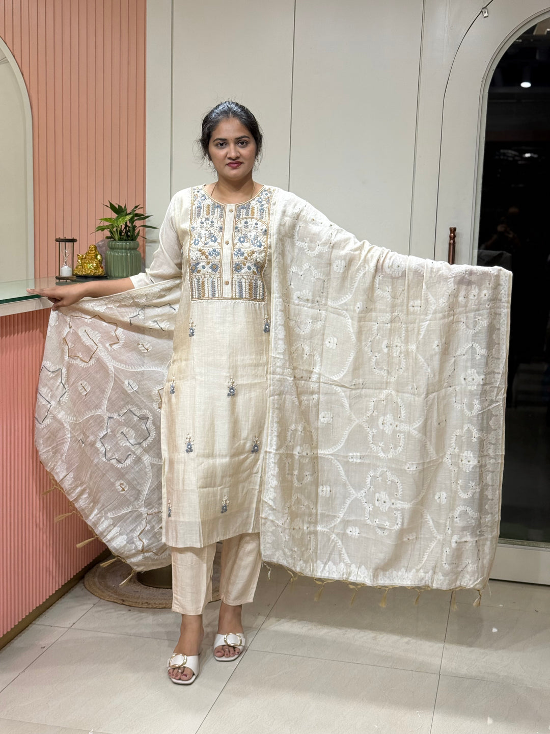 Pure Jamdani Collection with full Length Dupatta and Hand embroidery work (Cotton Lining )| R211