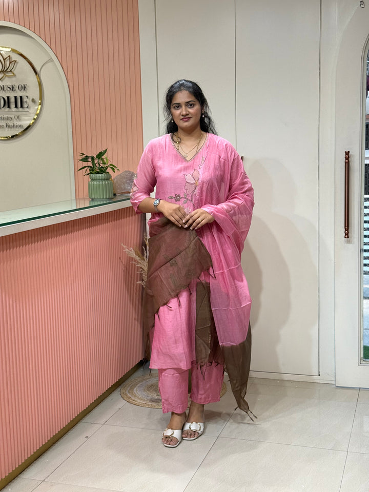 Pure Banarasi Mul Chanderi 3 Pcs Kurti set and Hand Embroidery work| R218