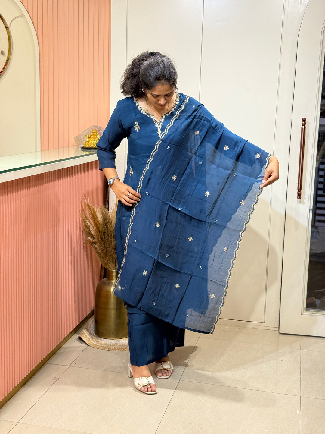 S Mul Chanderi 3 Pc Kurta Set | Semi Party Wear With CottonLining (New Arrivals )| R138