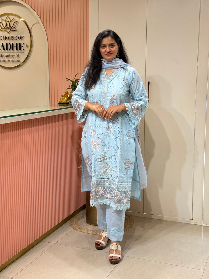 Premium Designer Schiffli 3-Piece Set with Kota Doria Dupatta | R221