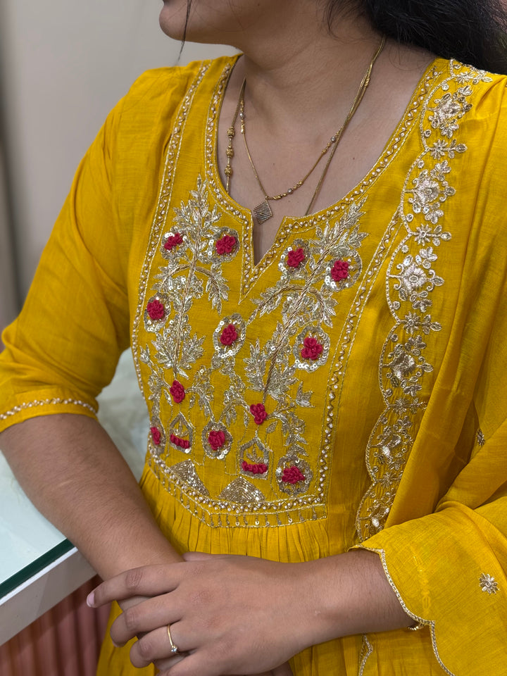 Premium Mul Chanderi Collection with Dupatta | Kali Pattern &amp; Handwork| R206