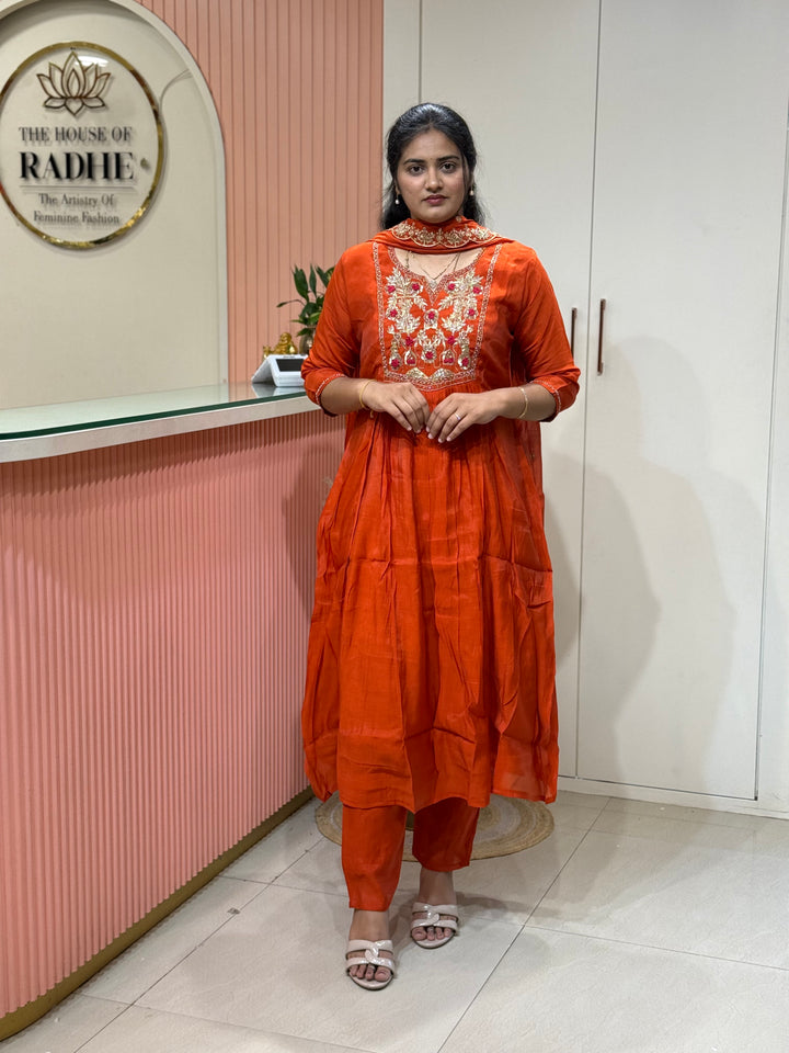 Premium Mul Chanderi Collection with Dupatta | Kali Pattern &amp; Handwork| R206