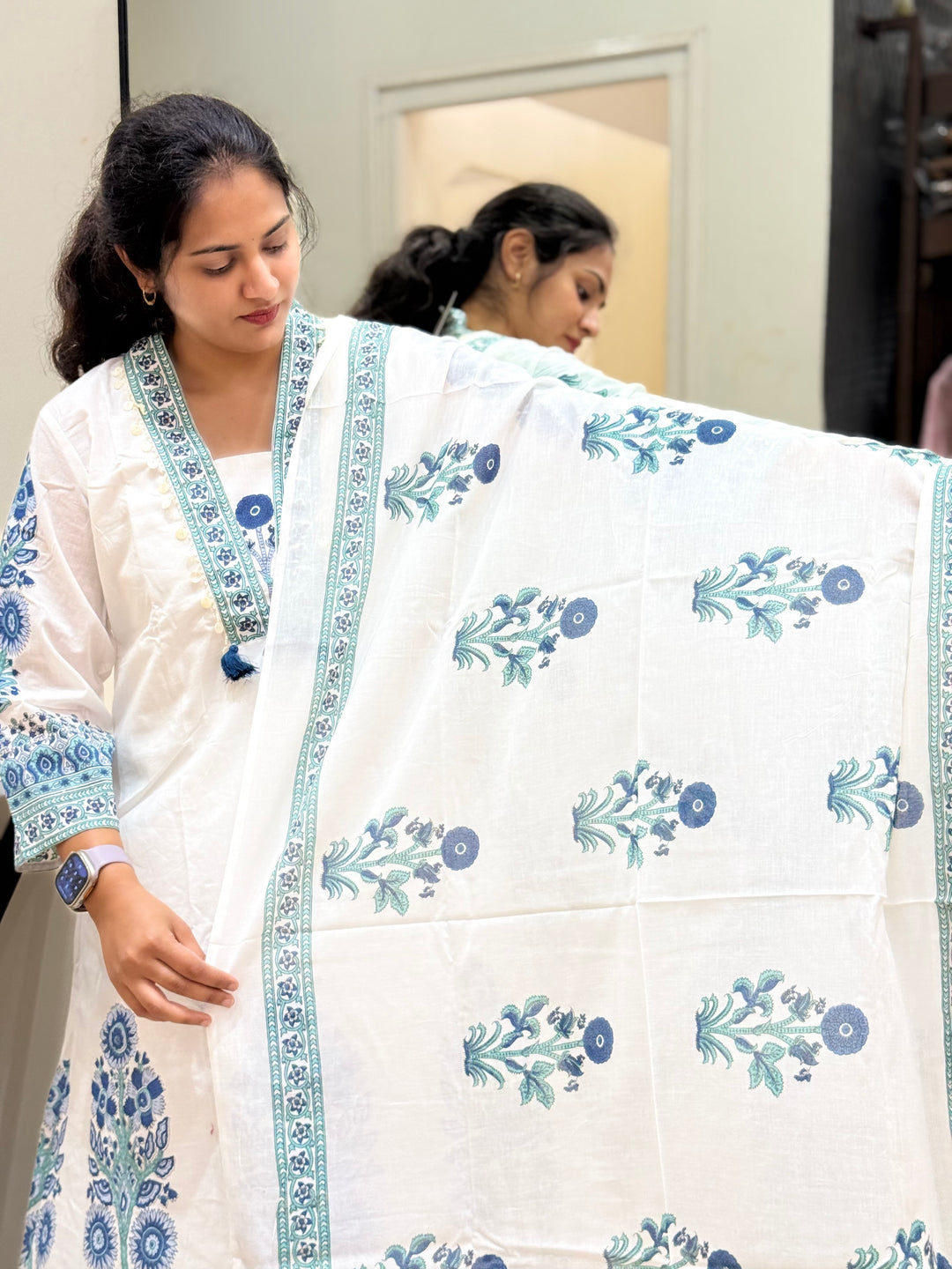 Premium Floral Print A-Line Cotton Set In White | R188