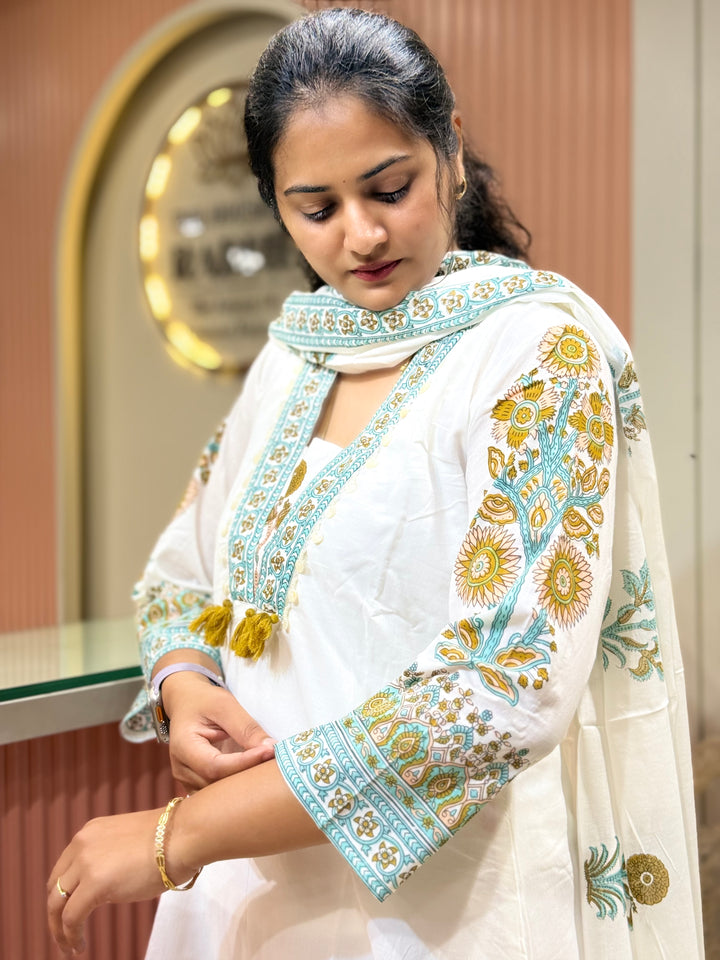 Premium Floral Print A-Line Cotton Set In White | R188