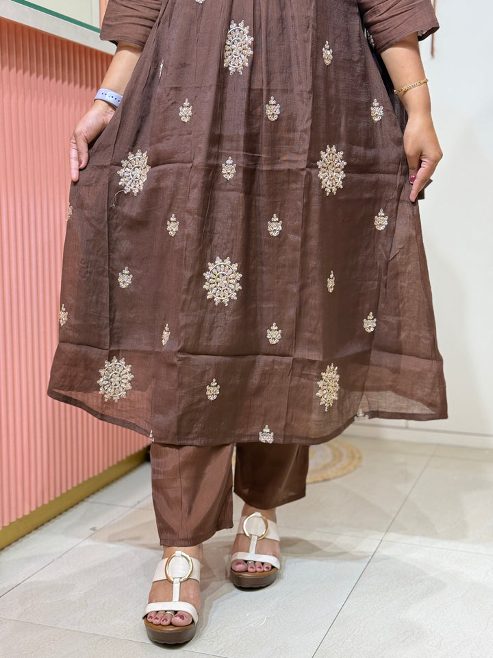 Coral Mul Chanderi Collection Semi Party Wear (Cut Dana &amp; bead Work) A -Line Pattern | R214
