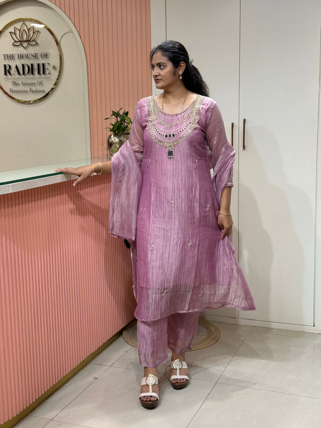 Shimmer Crush Tissue Fabric (salsa) with Jewellery-Style Neck Handwork 𝗦𝘂𝗶𝘁 𝗔𝗿𝗿𝗶𝘃𝗲𝗱 | R148