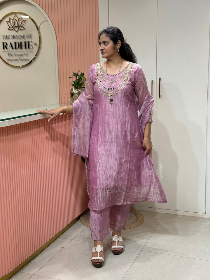 Shimmer Crush Tissue Fabric (salsa) with Jewellery-Style Neck Handwork 𝗦𝘂𝗶𝘁 𝗔𝗿𝗿𝗶𝘃𝗲𝗱 | R148