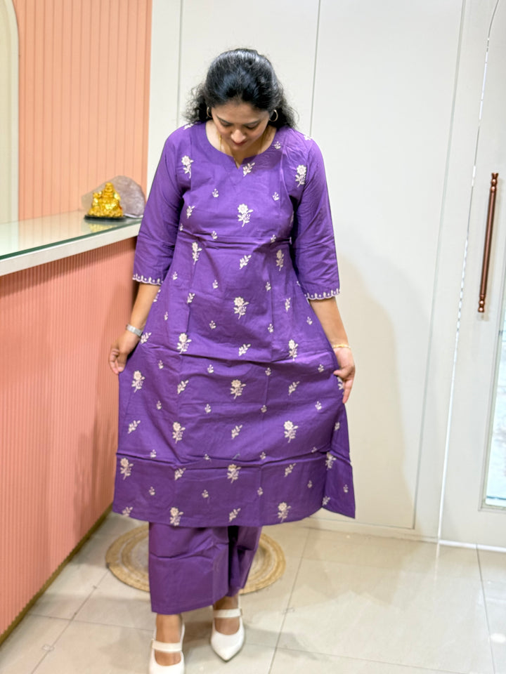 Cotton A-Line 2 Pc Kurta Set – Embroidered Collection | R137