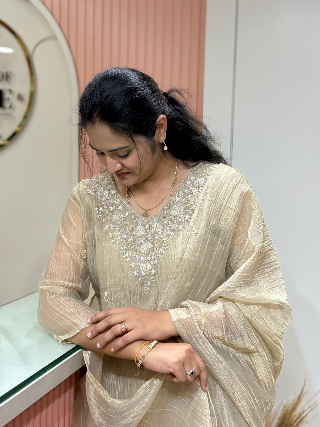 Shimmer Crush Tissue Fabric (salsa) with Handwork 𝗦𝘂𝗶𝘁 𝗔𝗿𝗿𝗶𝘃𝗲𝗱 | R148