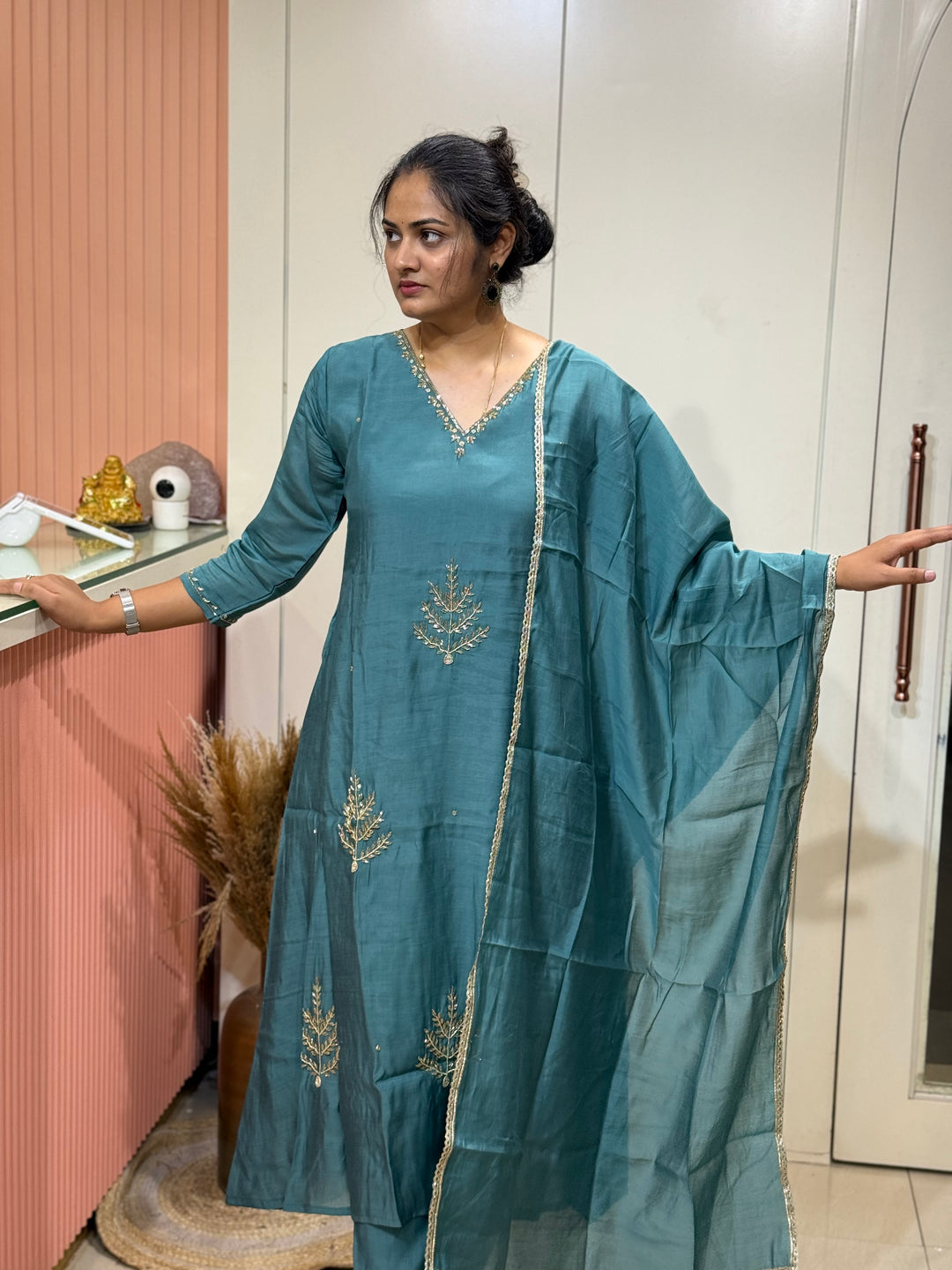 S Mul Chanderi 3 Pc Kurta Set | Semi Party Wear (New Arrivals)| R138