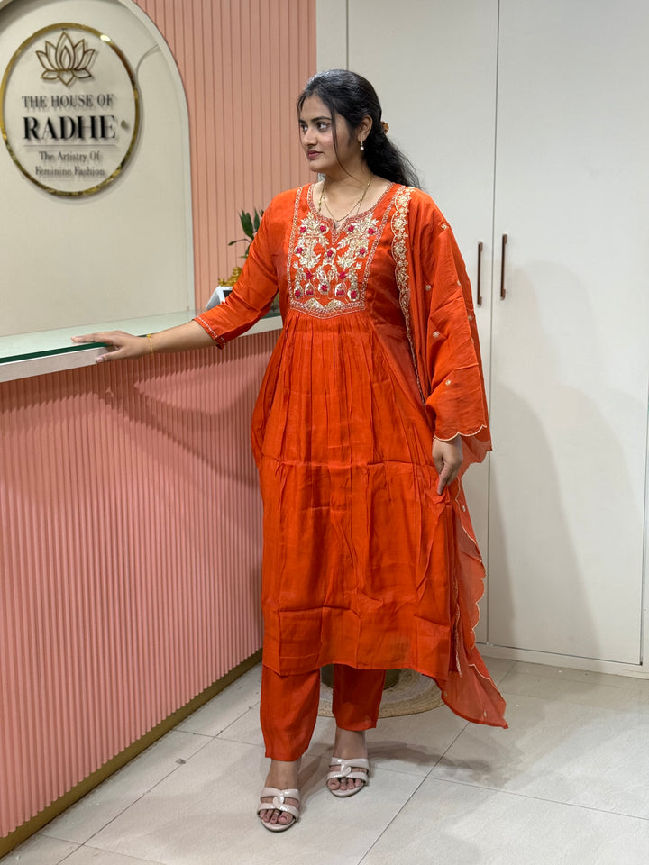 Premium Mul Chanderi Collection with Dupatta | Kali Pattern &amp; Handwork| R206