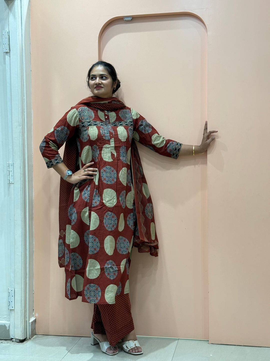 Pure 60-60 Cotton 3 Pc Collection With Polka Dot Palazzo| R182