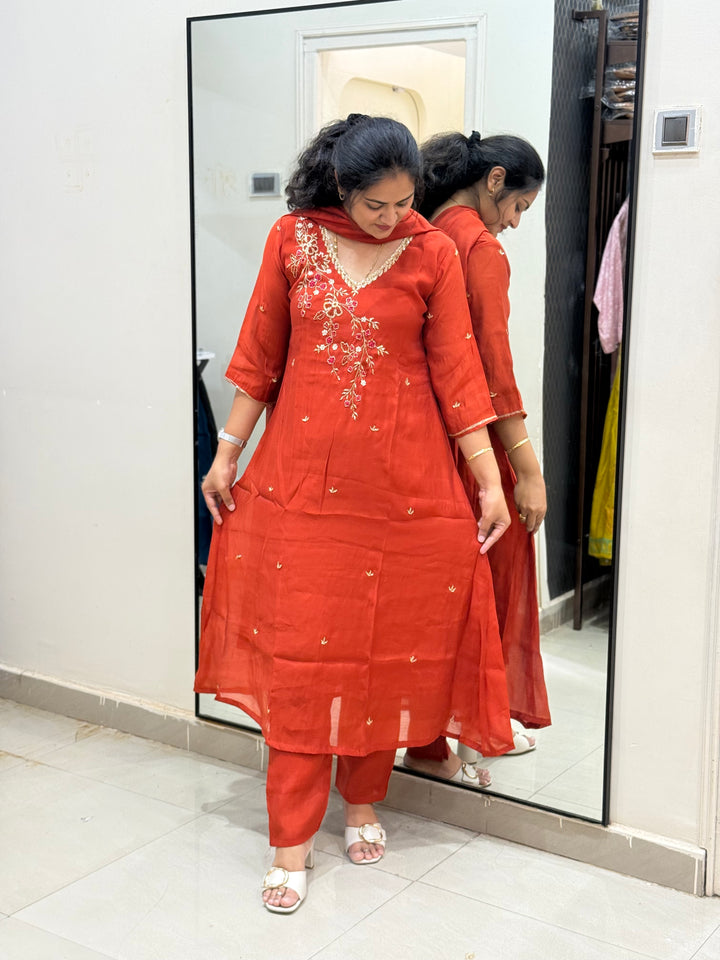 S Mul Chanderi 3 Pc Kurta Set | Semi Party Wear (New Arrivals )| R138