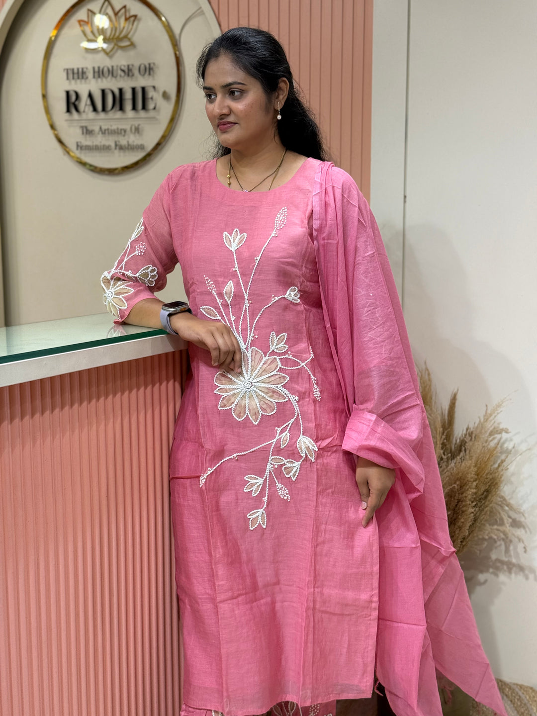 Pure Banarasi Mul Chanderi 3 Pcs Kurti set and Hand Embroidery work| R218