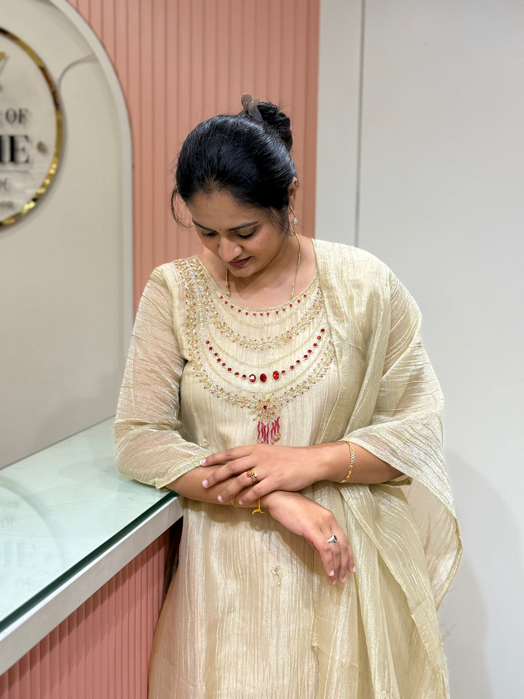 Shimmer Crush Tissue Fabric (salsa) with Jewellery-Style Neck Handwork 𝗦𝘂𝗶𝘁 𝗔𝗿𝗿𝗶𝘃𝗲𝗱 | R148
