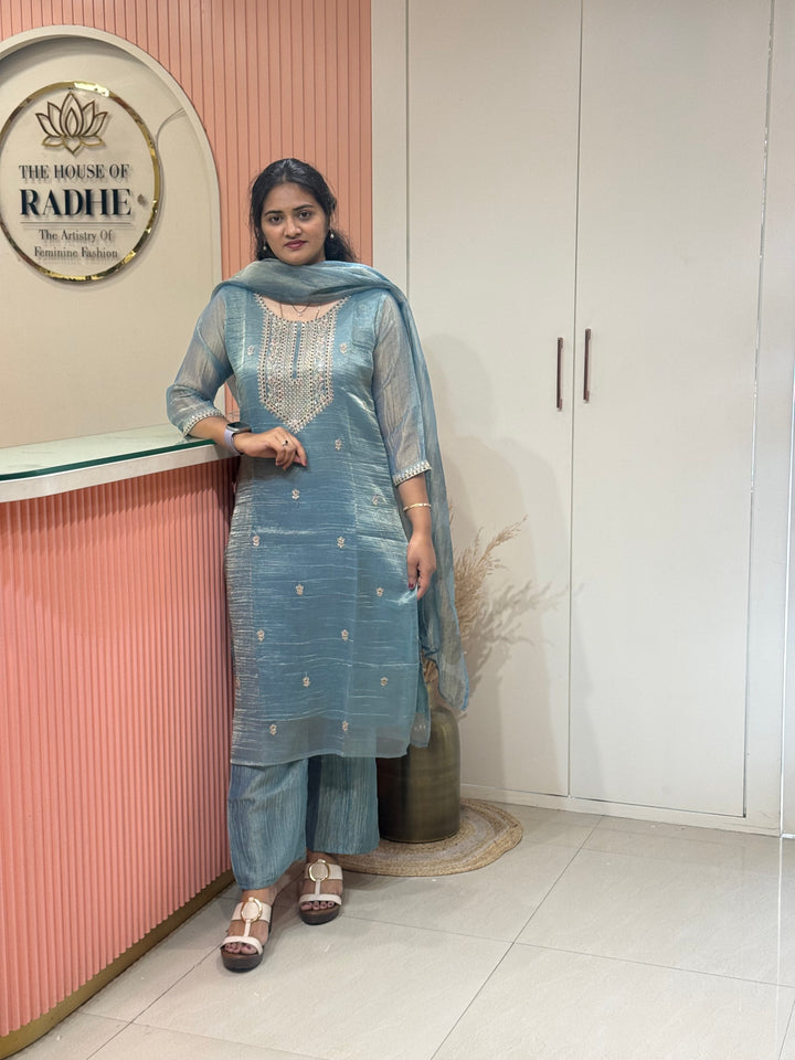 Shimmer Crush Tissue Fabric (salsa) with Handwork 𝗦𝘂𝗶𝘁 𝗔𝗿𝗿𝗶𝘃𝗲𝗱 | R148