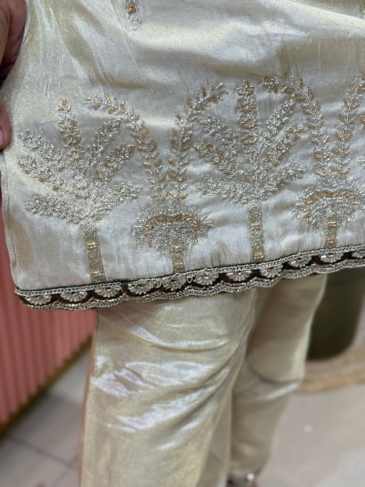 Designer Tissue Shimmer 2 Pc Collection – Contrast Yoke &amp; Cut Dana Work (Cotton Lining )| R167