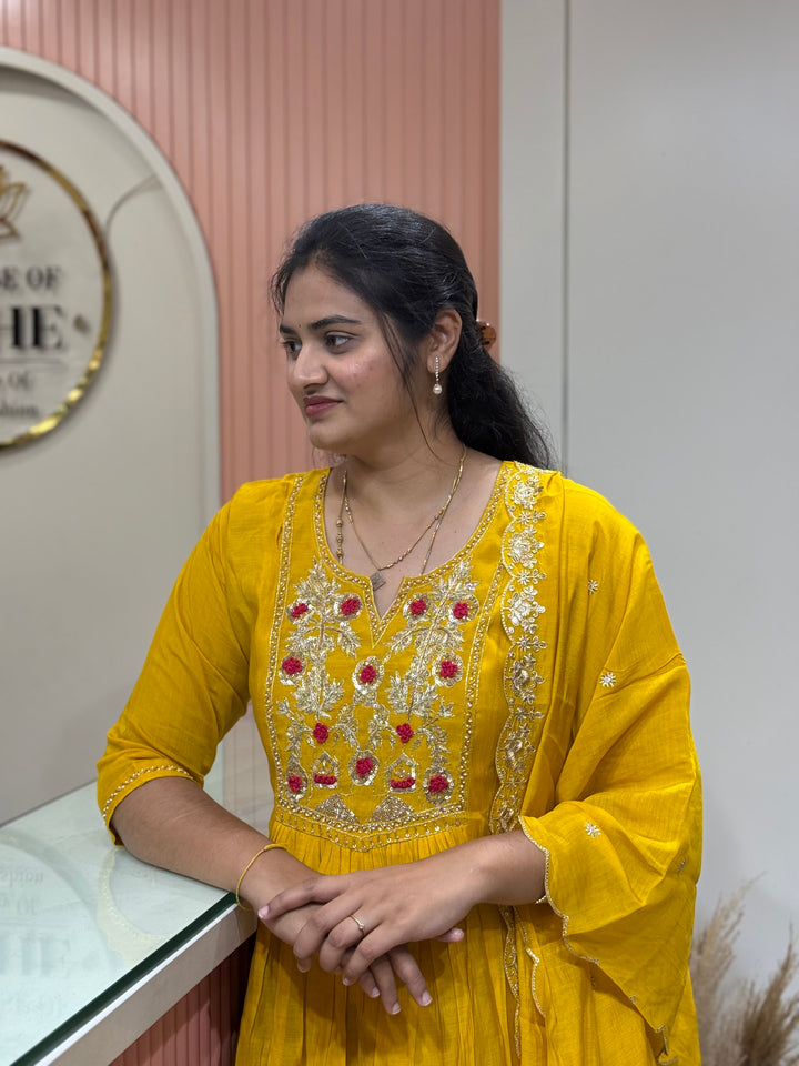 Premium Mul Chanderi Collection with Dupatta | Kali Pattern &amp; Handwork| R206