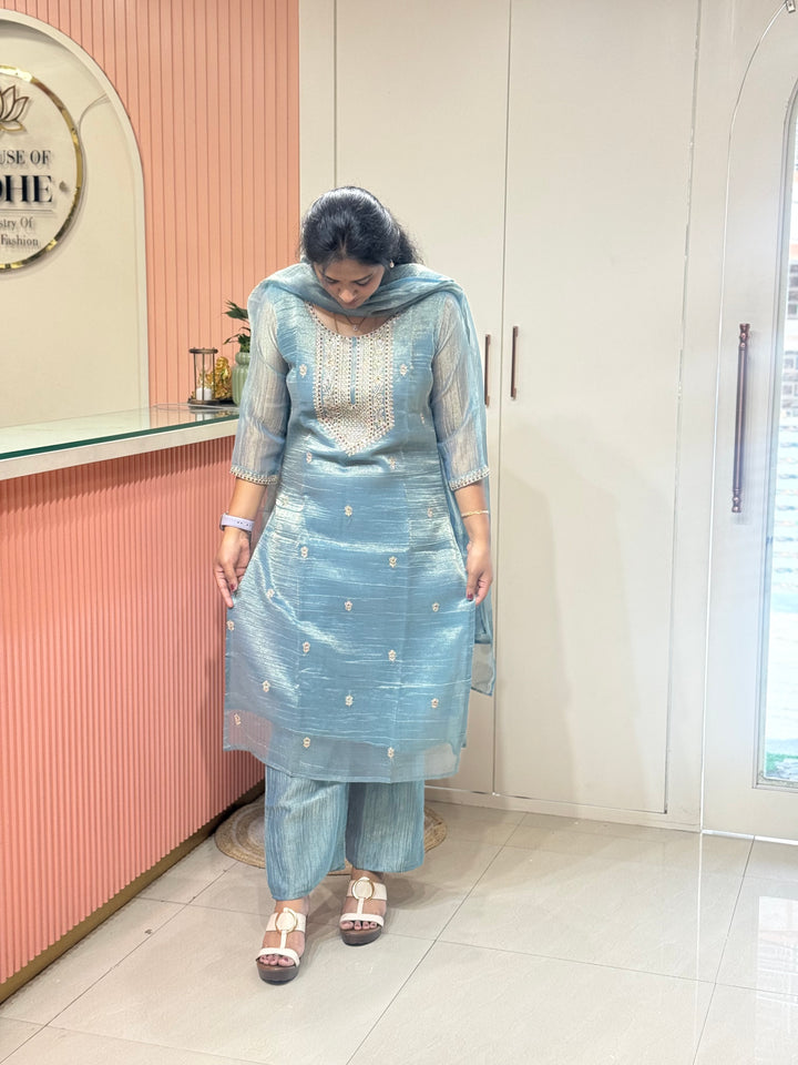 Shimmer Crush Tissue Fabric (salsa) with Handwork 𝗦𝘂𝗶𝘁 𝗔𝗿𝗿𝗶𝘃𝗲𝗱 | R148