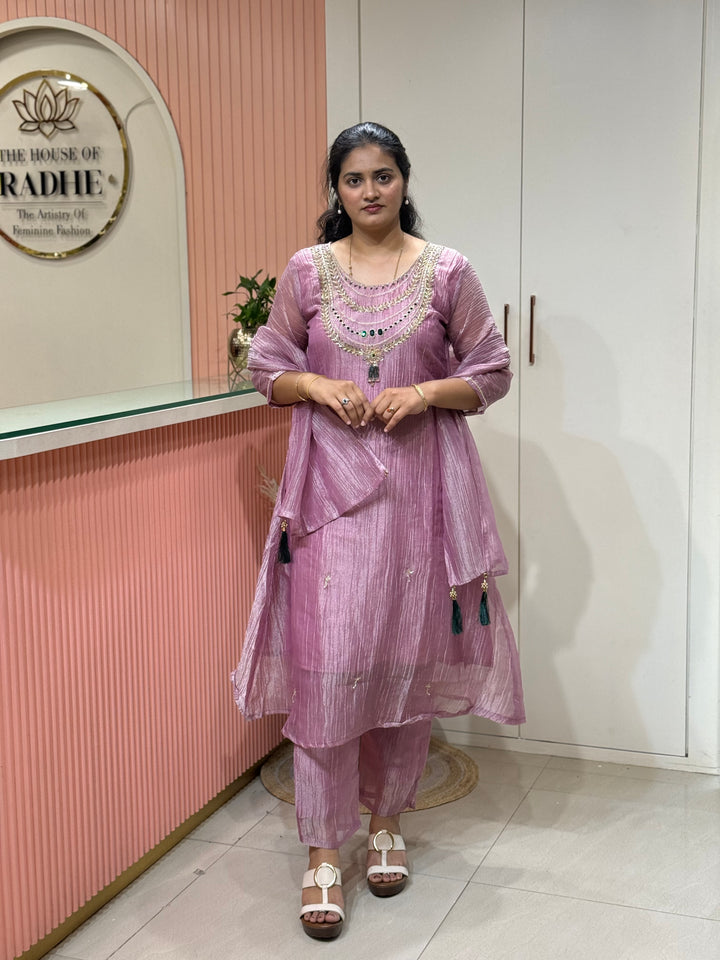 Shimmer Crush Tissue Fabric (salsa) with Jewellery-Style Neck Handwork 𝗦𝘂𝗶𝘁 𝗔𝗿𝗿𝗶𝘃𝗲𝗱 | R148