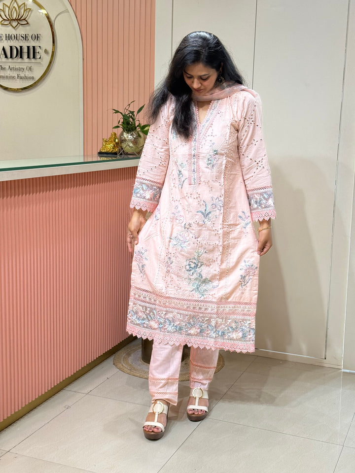 Premium Designer Schiffli 3-Piece Set with Kota Doria Dupatta | R221