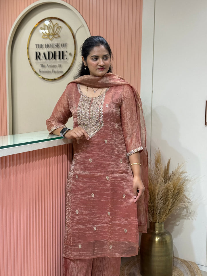 Shimmer Crush Tissue Fabric (salsa) with Handwork 𝗦𝘂𝗶𝘁 𝗔𝗿𝗿𝗶𝘃𝗲𝗱 | R148
