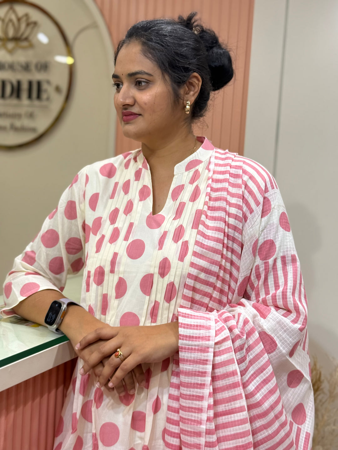Pure Cotton 3 Pc Kurta Set with Kota Cotton Dupatta – Polka Design | R111