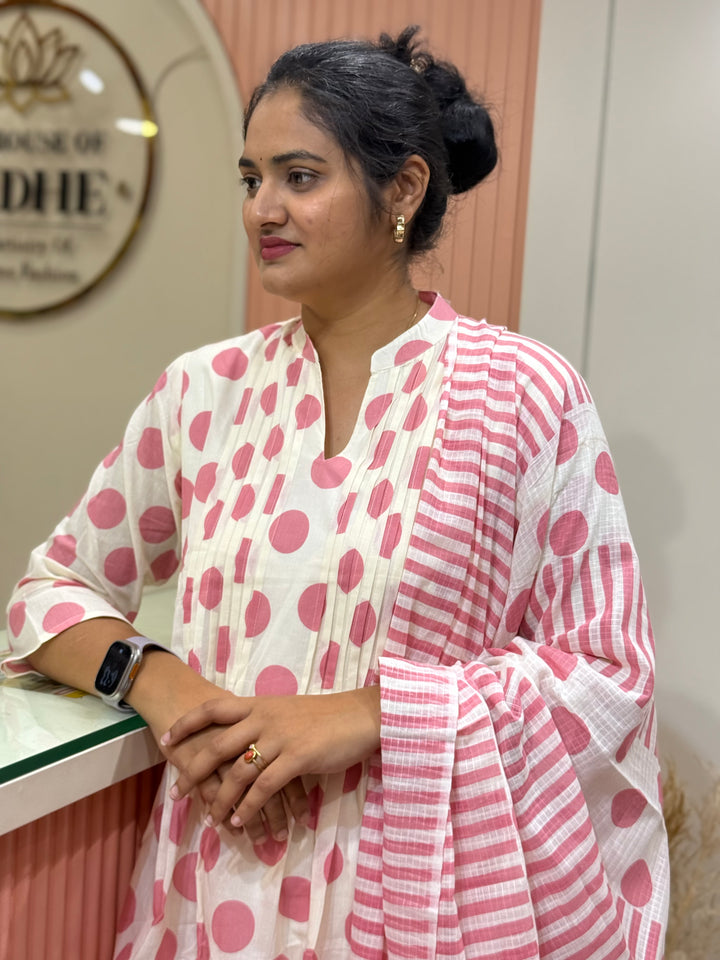 Pure Cotton 3 Pc Kurta Set with Kota Cotton Dupatta – Polka Design | R111