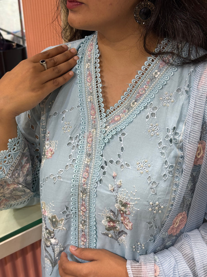 Premium Designer Schiffli 3-Piece Set with Kota Doria Dupatta | R221