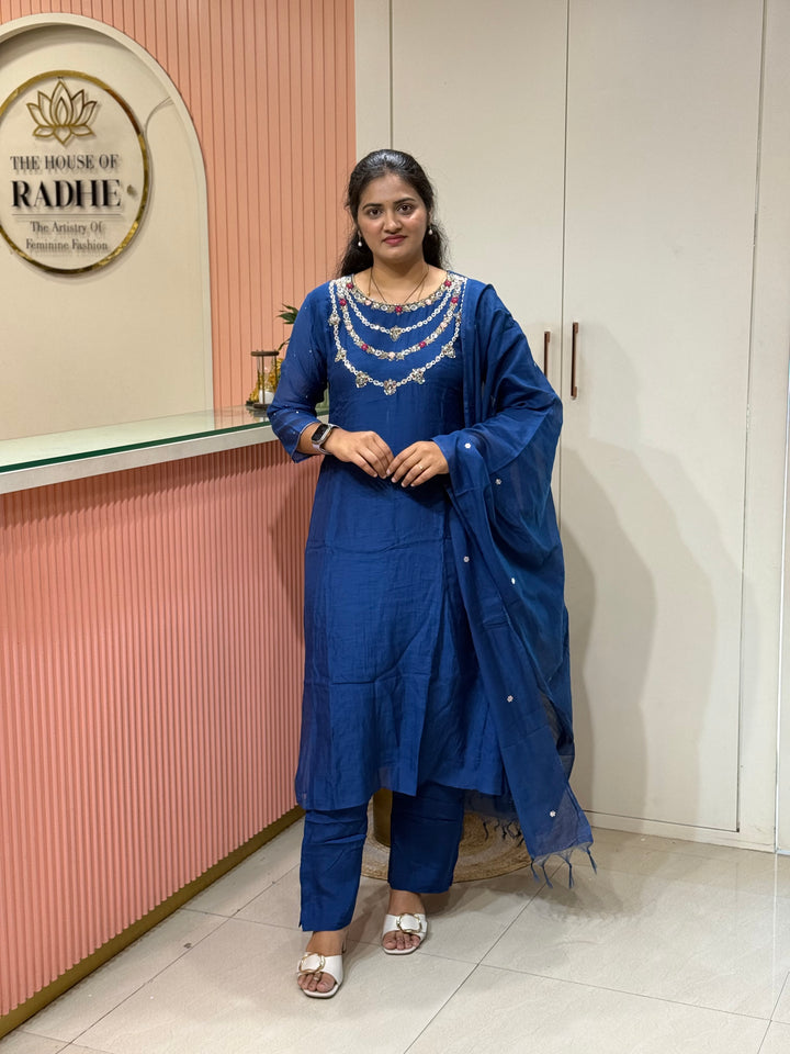 Pure Banarasi Mul Chanderi 3 Pcs Kurti set and Hand Embroidery work| R218