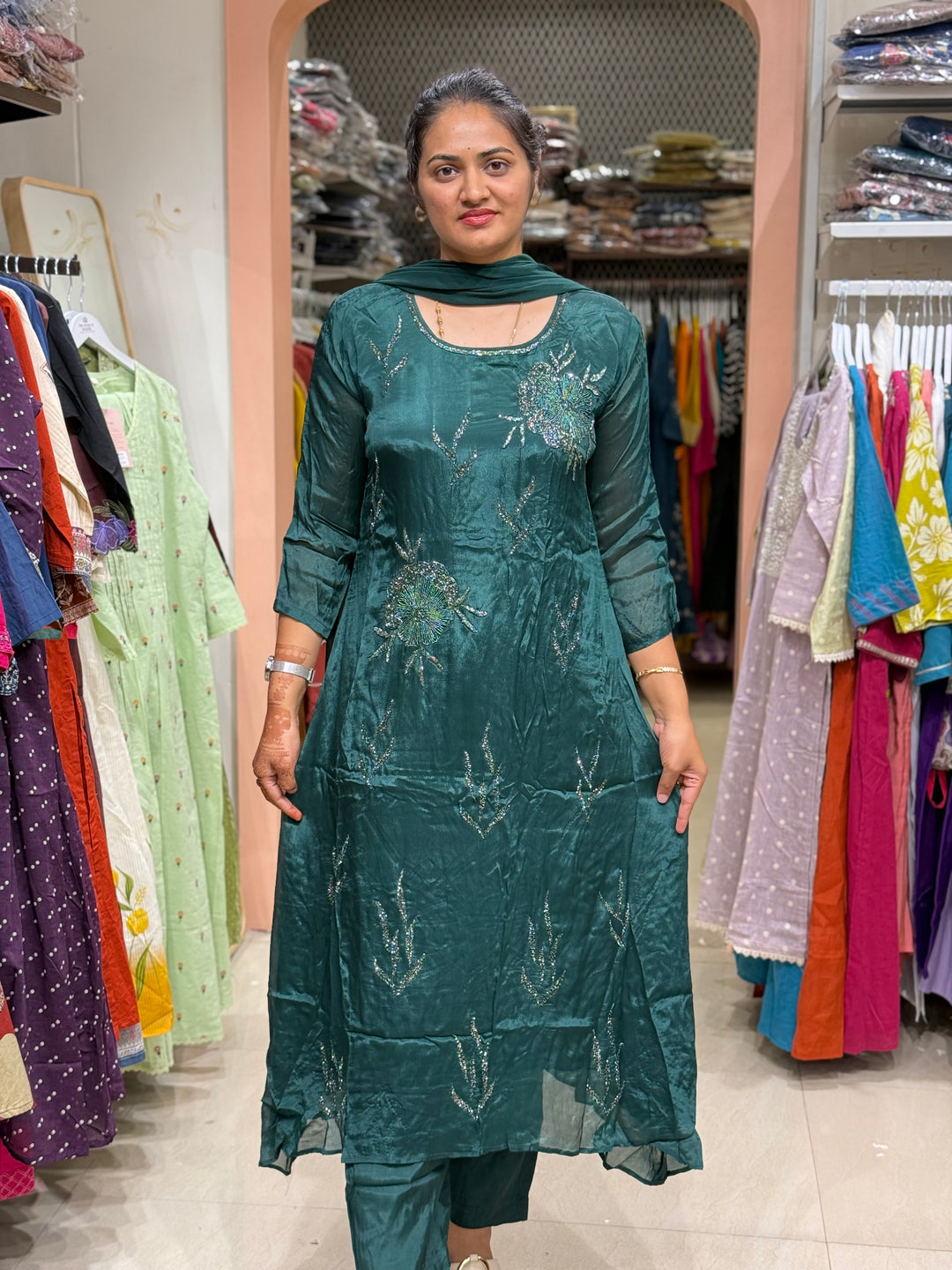 Pure Chinnon Premium 3 Pc Collection – Heavy Handwork Party Wear | R177