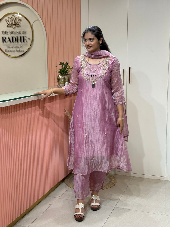 Shimmer Crush Tissue Fabric (salsa) with Jewellery-Style Neck Handwork 𝗦𝘂𝗶𝘁 𝗔𝗿𝗿𝗶𝘃𝗲𝗱 | R148