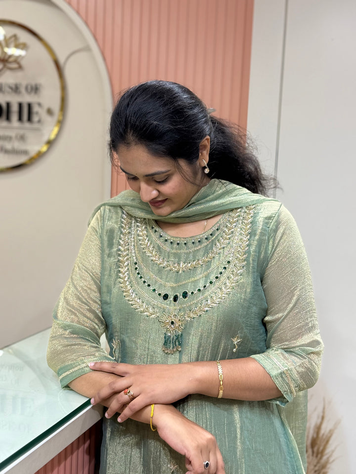 Shimmer Crush Tissue Fabric (salsa) with Jewellery-Style Neck Handwork 𝗦𝘂𝗶𝘁 𝗔𝗿𝗿𝗶𝘃𝗲𝗱 | R148