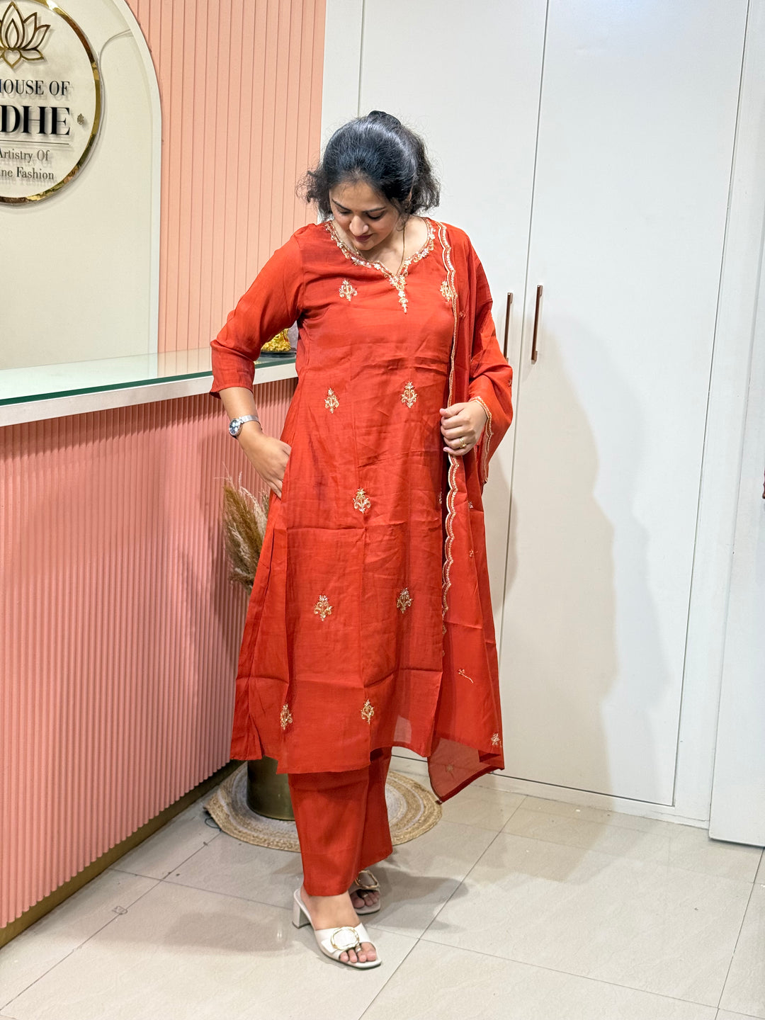 S Mul Chanderi 3 Pc Kurta Set | Semi Party Wear (New Arrivals )with Cotton Lining | R138