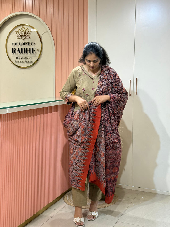 Khadi Cotton Collection With Ajrakh Print Dupatta | R210