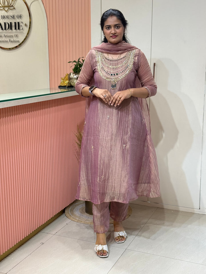 Shimmer Crush Tissue Fabric (salsa) with Jewellery-Style Neck Handwork 𝗦𝘂𝗶𝘁 𝗔𝗿𝗿𝗶𝘃𝗲𝗱 | R148