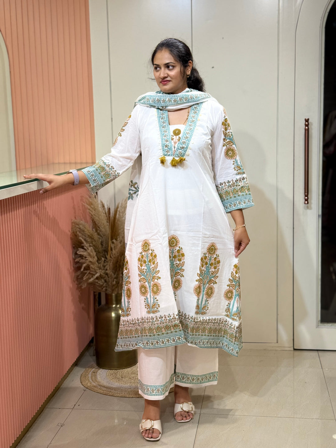 Premium Floral Print A-Line Cotton Set In White | R188
